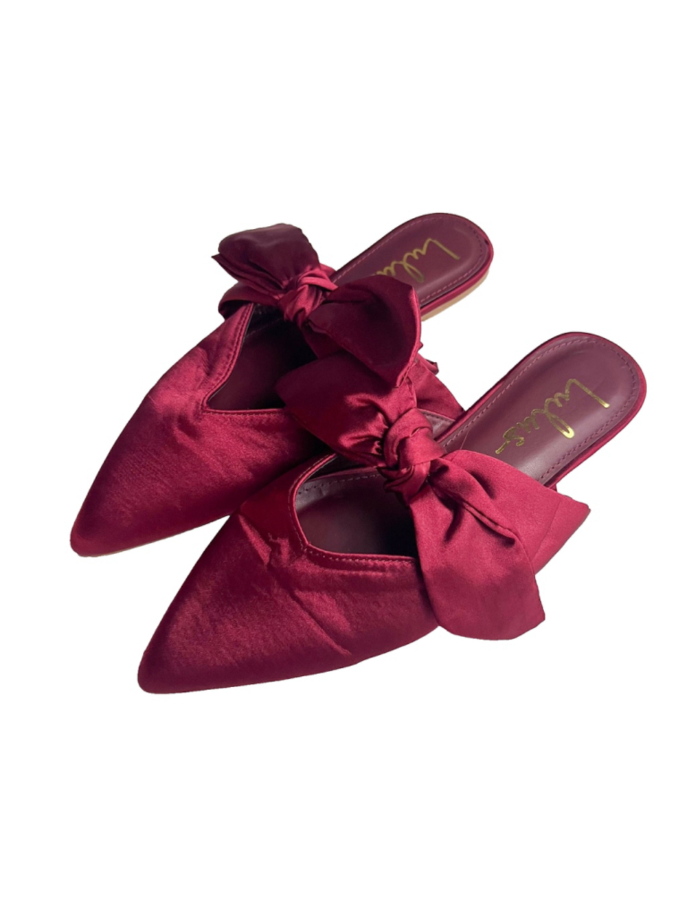 Lulus Burgundy Satin Faux Silk Pointed Toe Slip-On Flats Mules Bow Women 7.5